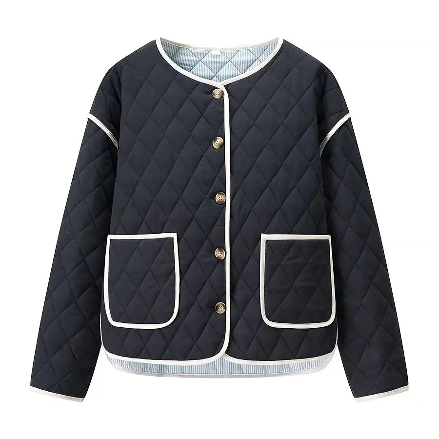 Navy quilted jacket with white accents on a white background
