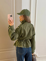 Utility Stand Collar Button Drawstring Peplum Jacket