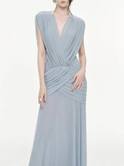 Draped V-Neck Flowy Maxi Dress