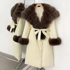Beige coat with brown fur trim