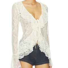 Lace ruffle tie front top, side view