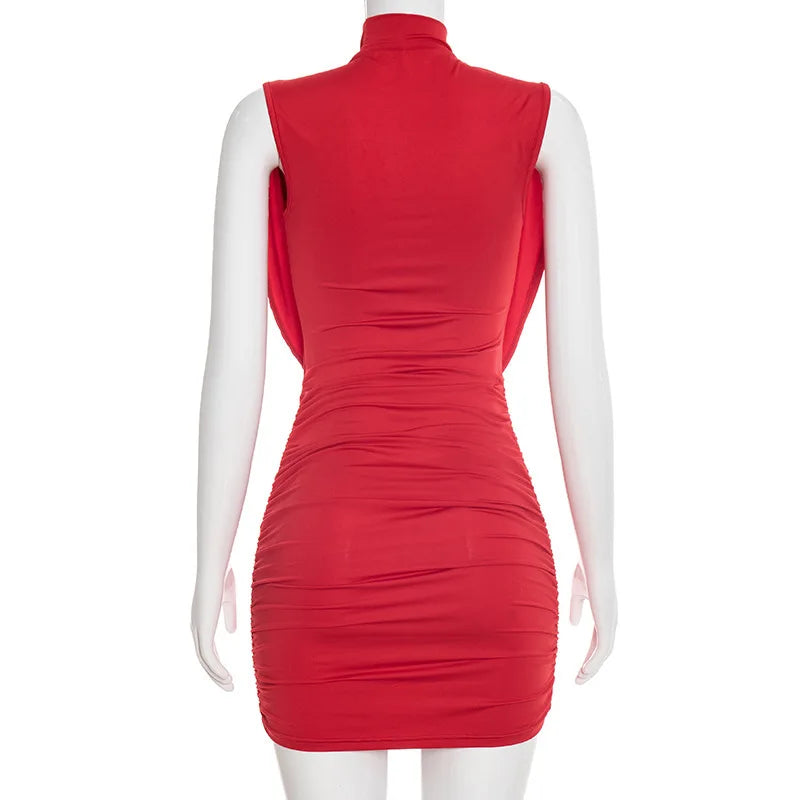 Red dress on a white mannequin against a white background