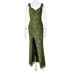 Green Floral Wide Strap High Slit Maxi Dress