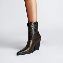 Brown pointed toe high heel western boots with stone pattern