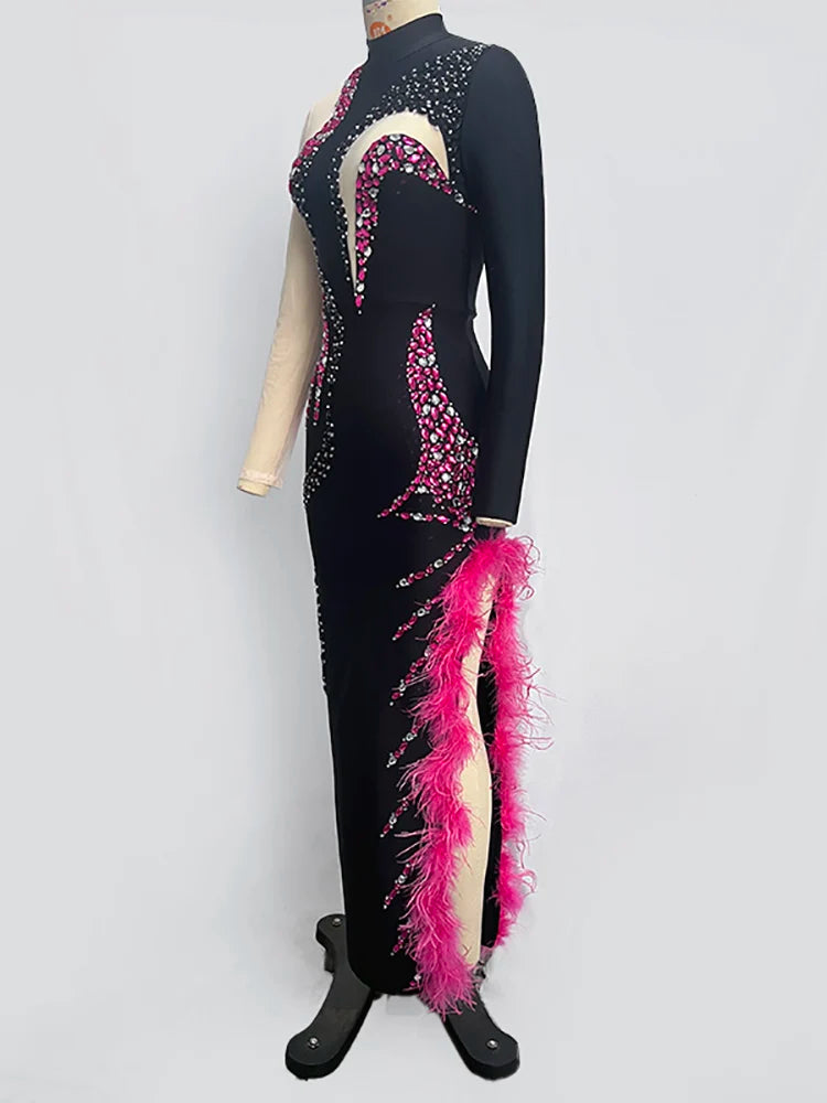 Mannequin wearing a black dress with pink feather accents on a white background