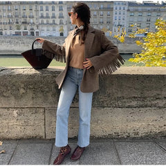 Fringe Sleeve Wool-Blend Tassel Blazer Coat