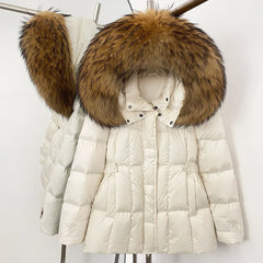 White puffer jacket with a large fur hood