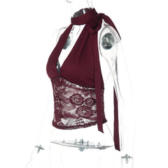 Maroon halter top with lace detail on a mannequin against a white background
