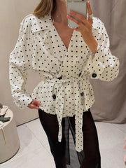 Polka dot belted trench coat front view