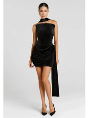 Black Strapless Draped Velvet Mini Dress