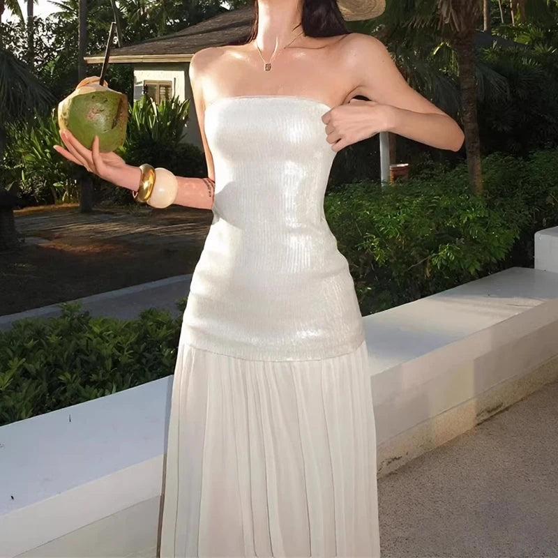 Close-up of strapless sequin bodice maxi dress