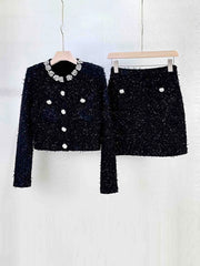 Fuzzy Rhinestone Buttoned Crop Coat And Mini Skirt Set