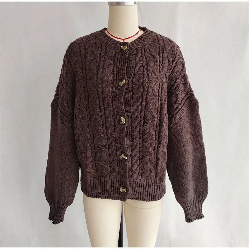Brown cable knit cardigan on a mannequin against a plain background