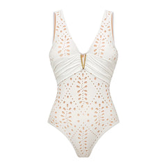 Scallop Neckline One-Piece Swimsuit with Eyelet Midi Skirt Set
