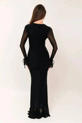 Ruffled Mesh Sleeve V-Neck Maxi Dress