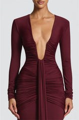 Long Sleeve Bodycon Deep V Neck Draped Maxi Dress