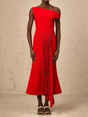 Diagonal Neck Midi Dress | Off-Shoulder Folded Elegance