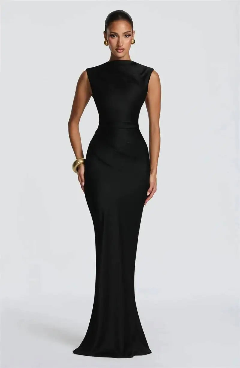 Black satin cowl neck mermaid maxi dress