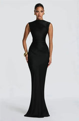Black satin cowl neck mermaid maxi dress