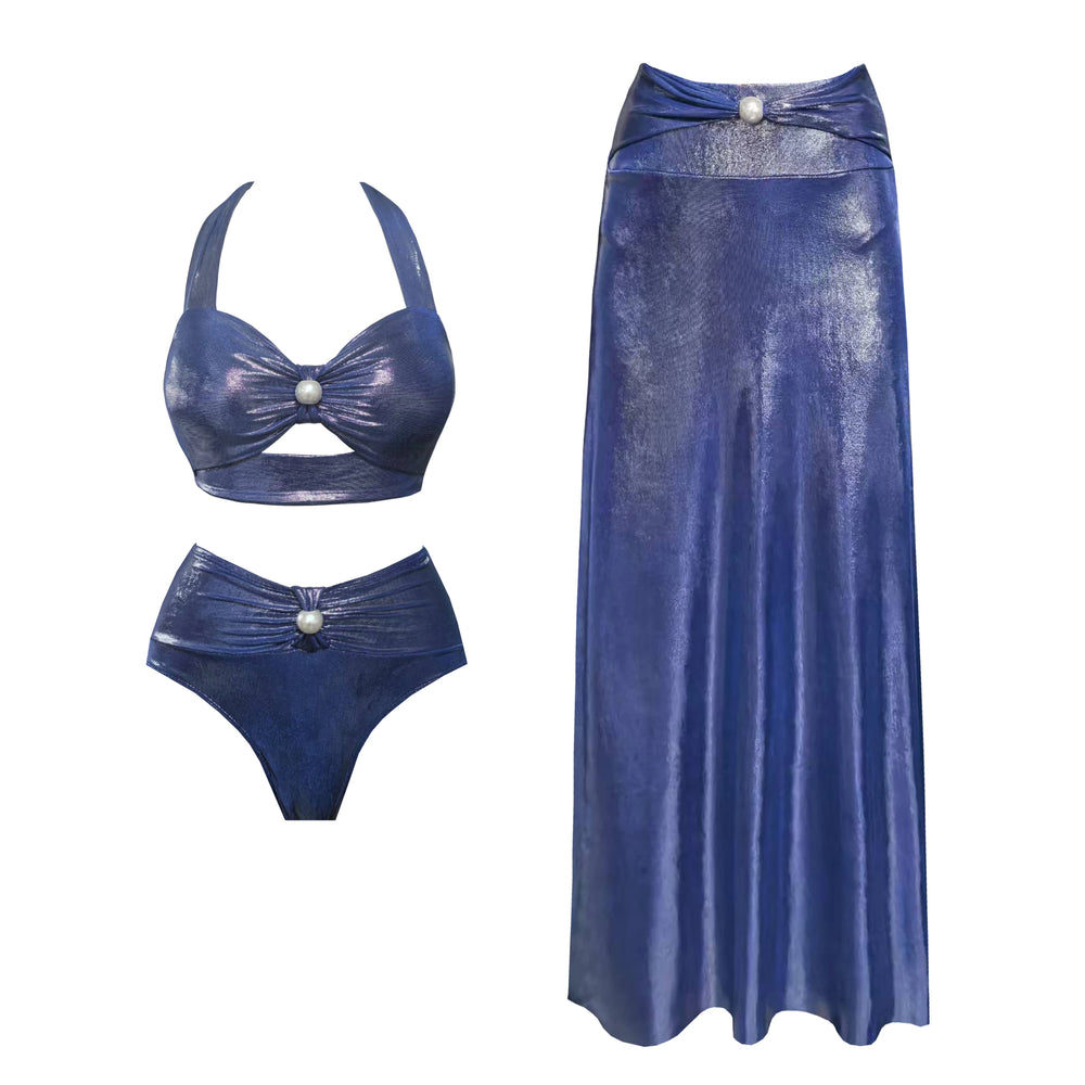 Metallic floral print bikini top and bottom with a maxi skirt.