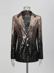 Black and gold sequin blazer on a mannequin against a gray background