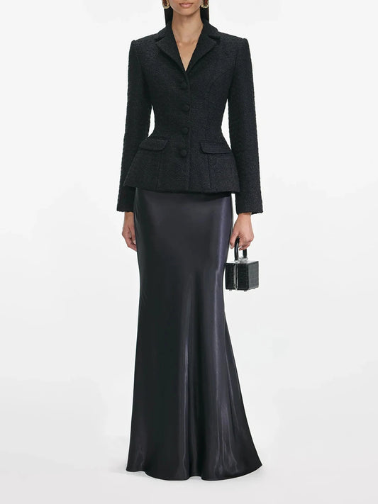 Black tweed short blazer paired with a satin mermaid skirt
