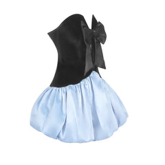 Black bodice with a large bow and light blue skirt on a white background