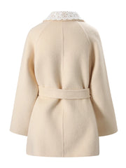 Beige belted wool blend coat back view