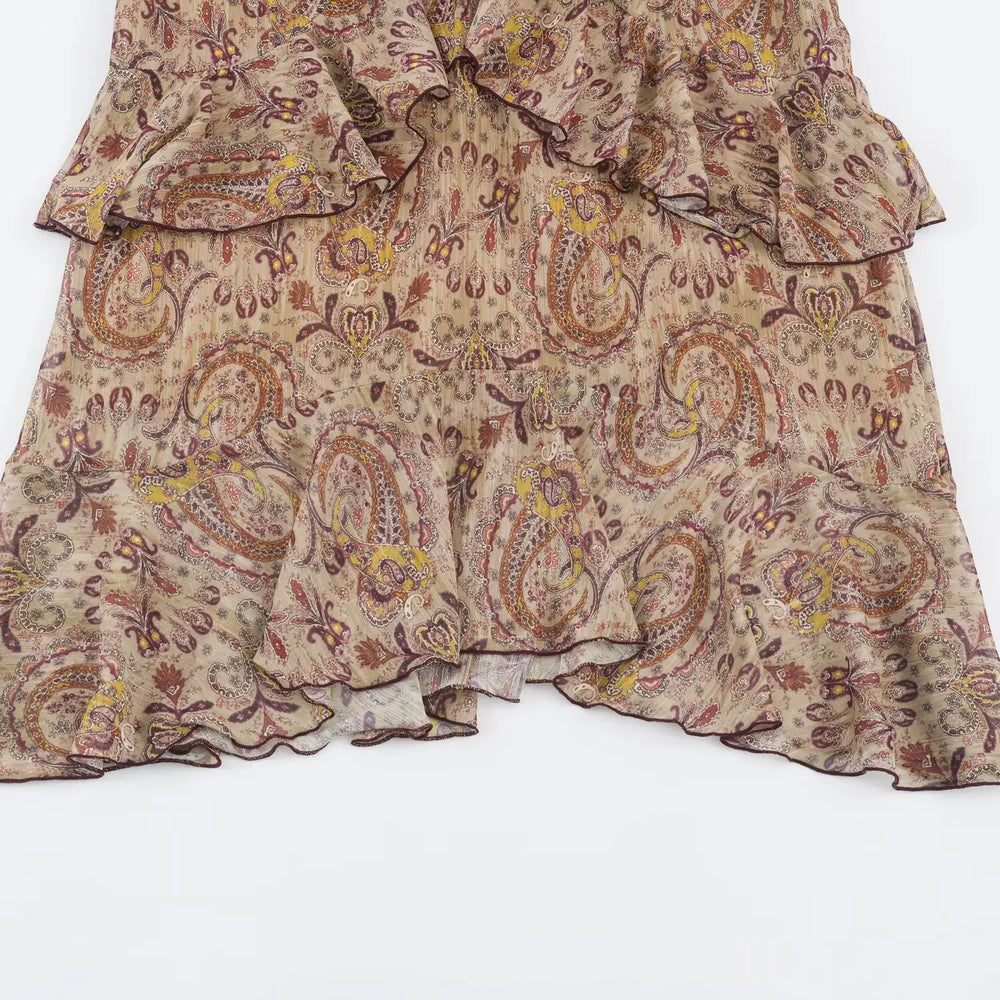 Paisley tiered ruffle midi skirt hem detail