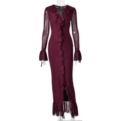 Ruffled Mesh Sleeve V-Neck Maxi Dress