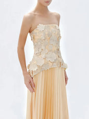 Peach Floral Embroidered Strapless Top and Pleated Maxi Skirt Set