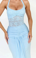 Blue Lace Ruched Front Split Maxi Dress
