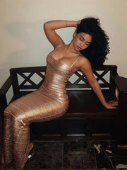 Form-fitting metallic maxi dress with square neckline