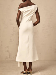 Diagonal Neck Midi Dress | Off-Shoulder Folded Elegance