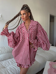 Red Plaid Pajama Set | Women’s Long Sleeve Shirt & Shorts Sleepwear