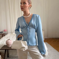 Satin Lace Trim Tie-Front Blouse with Bell Sleeves