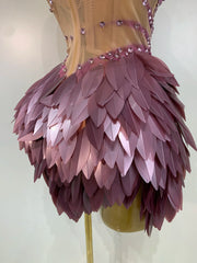 Purple Sequin Strapless Beaded Feather Mini Dress