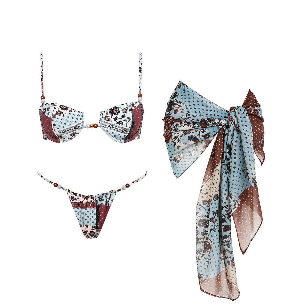 Patchwork print bikini set with a large bow scarf cover-up.