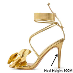 Gold Flower Ankle Strap High Heel Stiletto