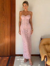 Pink lace spaghetti strap V-neck maxi dress