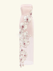 Floral Embroidered Strapless Mesh Hem Maxi Dress