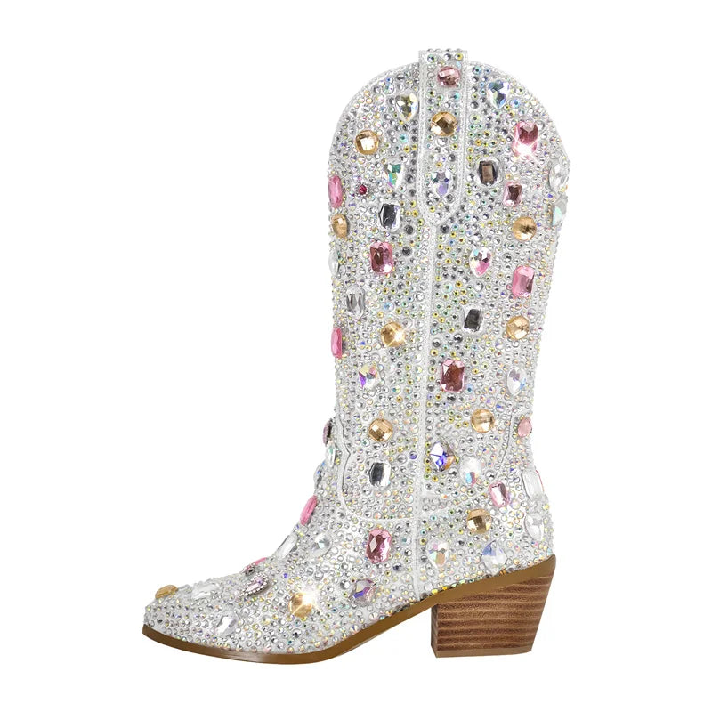 Decorative cowboy boot with colorful gemstones on a white background
