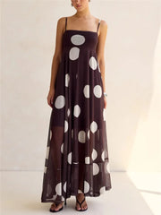 Dark brown polka dot mesh maxi dress with spaghetti straps