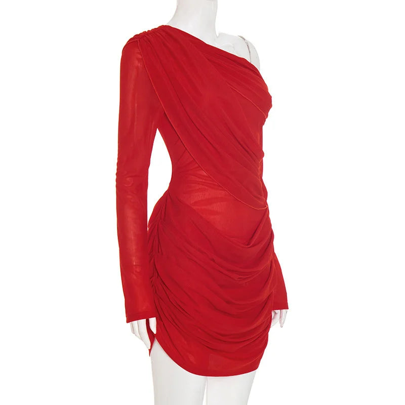Red one-shoulder dress on a mannequin against a white background