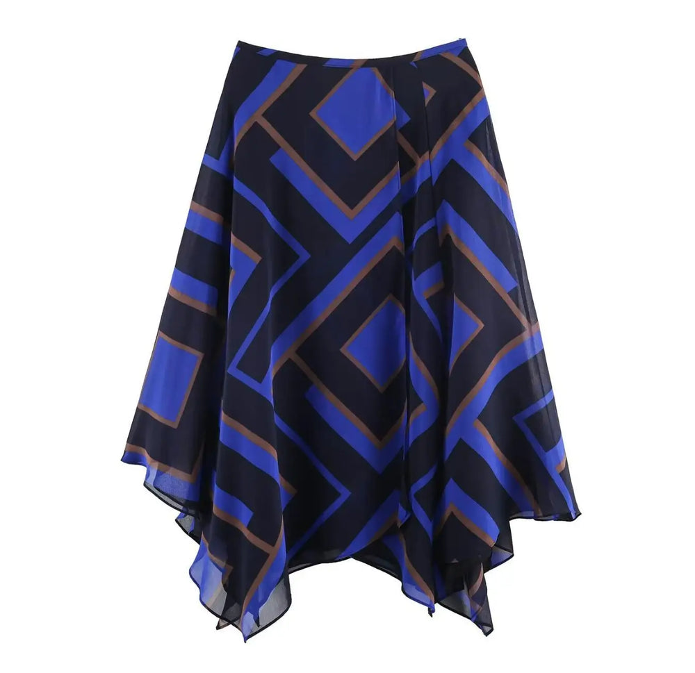 Geometric print asymmetrical chiffon midi skirt