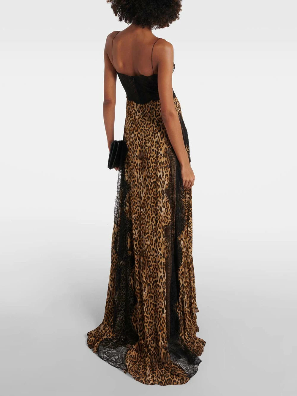 Back view of a leopard print lace maxi dress with spaghetti straps.