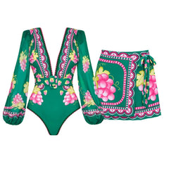 Grape Print Ruffled Swimsuit and Maxi Skirt Set