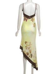 Diagonal Collar Plum Blossom Print Asymmetrical Hem Dress