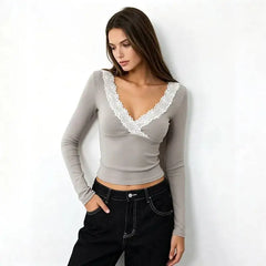 Lace Trim V-Neck Long Sleeve Top
