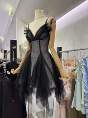 Black Asymmetrical Mesh V-Neck Mini Dress